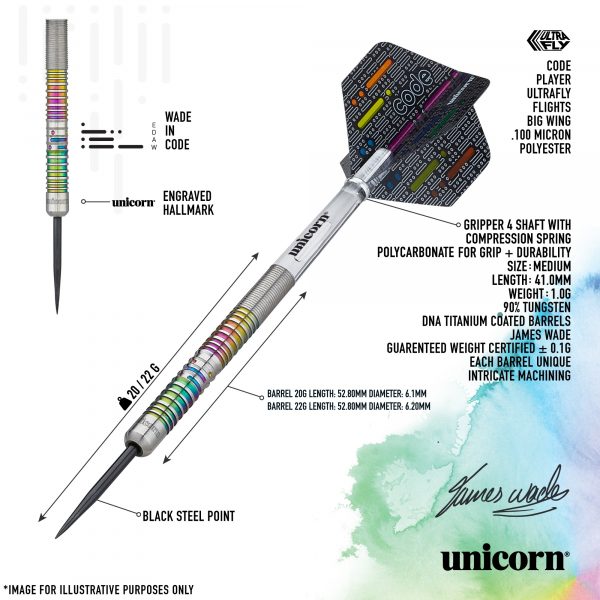 Unicorn Code James Wade 90% Tungsten 20g Darts Set - Image 2