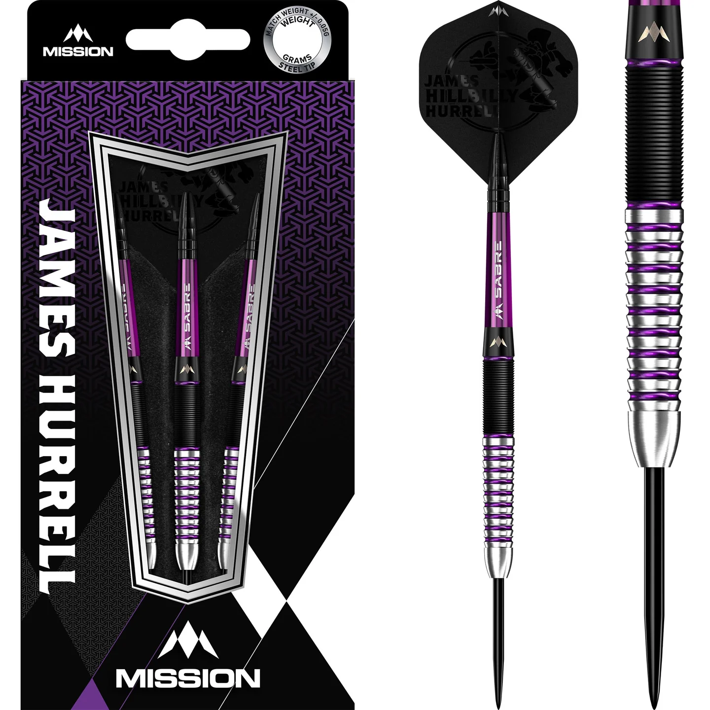 Mission James Hurrell Steel Tip Hillbilly Black & Purple 90% Tungsten 26g Darts Set