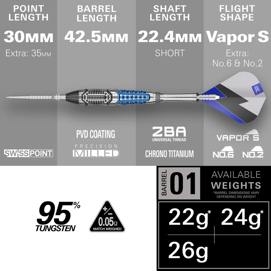 Target Phil Taylor Power Chrono Swiss Point 95% Tungsten Steel Tip 26g Darts - Image 7