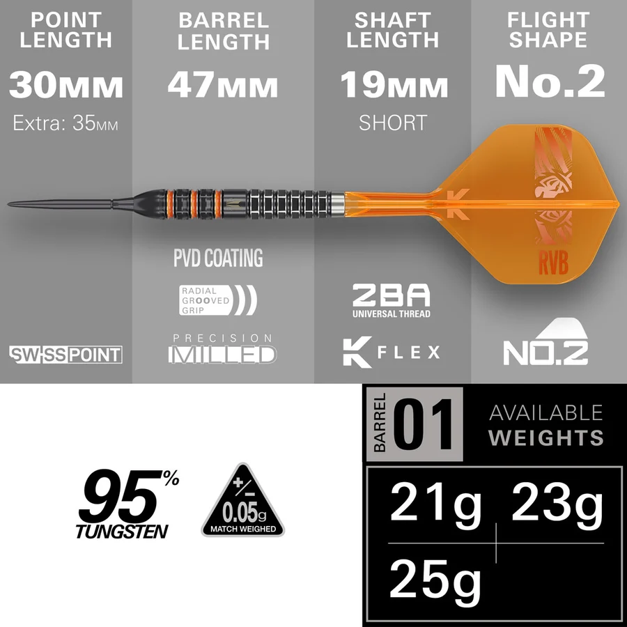 Target Raymond van Barneveld RVB 95K Swiss Point 95% Tungsten Steel Tip 25g Darts - Image 4